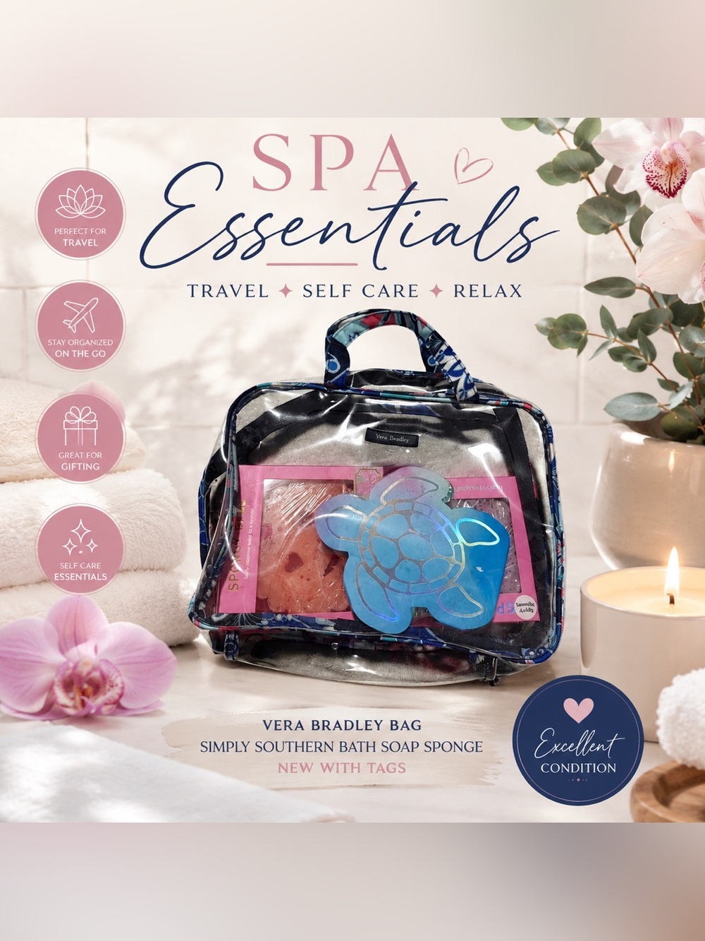 Vera Bradley Clear Travel/Toiletry Bag + Simply Southern Bath Soap Sponge Set